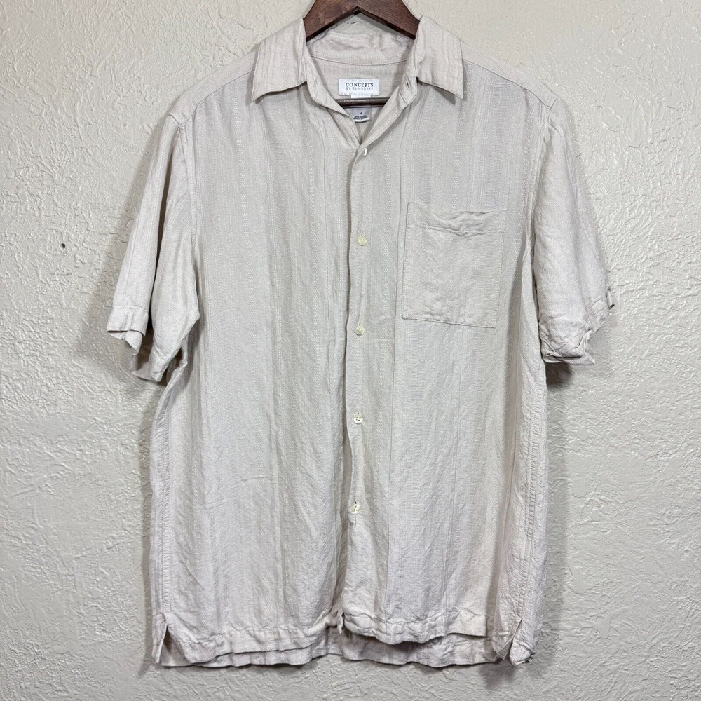 Vintage 90s Linen Blend Camp Shirt Button M Tan Neutral Utility Luxury Lagenlook